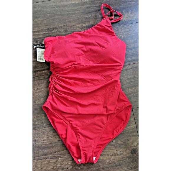 Lauren Ralph Lauren Women's Plus Size Asymmetric One-Piece swimsuit Red 16w - Picture 4 of 9